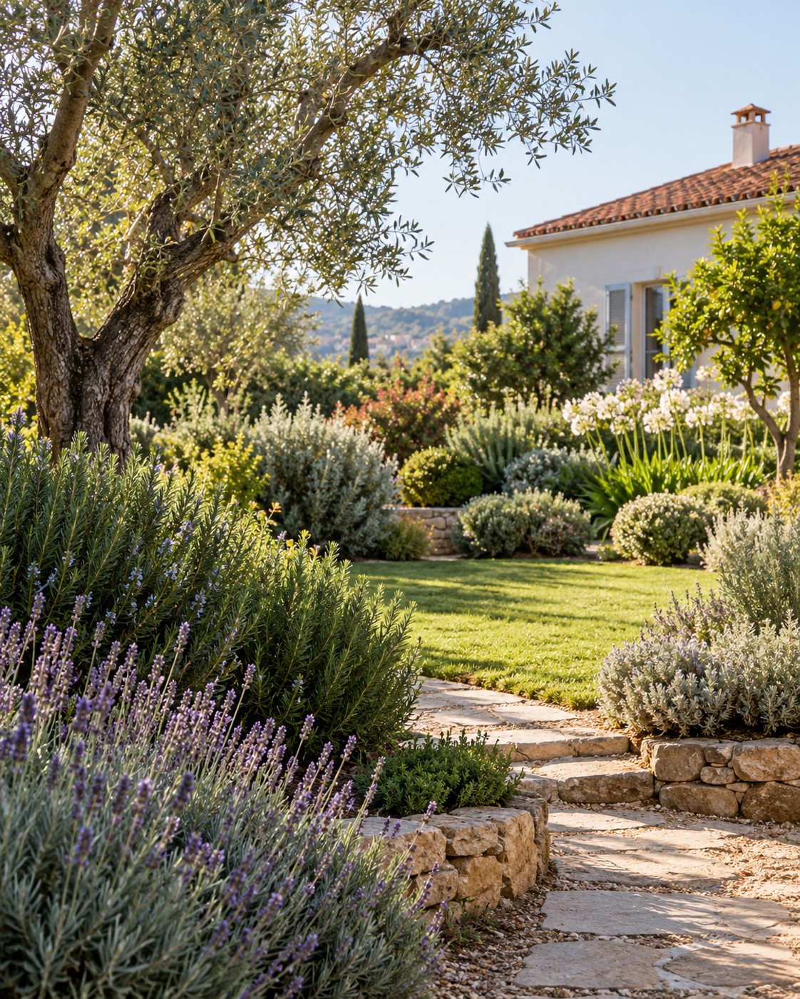 Imagem ilustrativa gerada por IA de um jardim residencial com oliveira, plantas ornamentais e caminho em pedra.