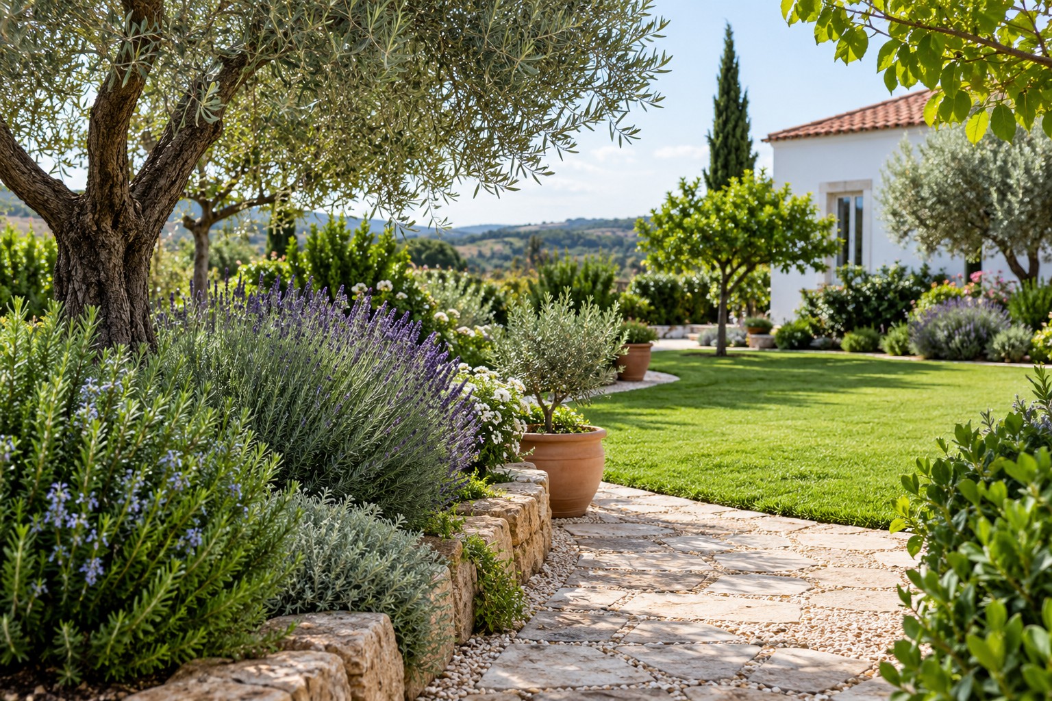 Imagem ilustrativa gerada por IA de um jardim residencial com relvado, plantas aromáticas e caminho em pedra.