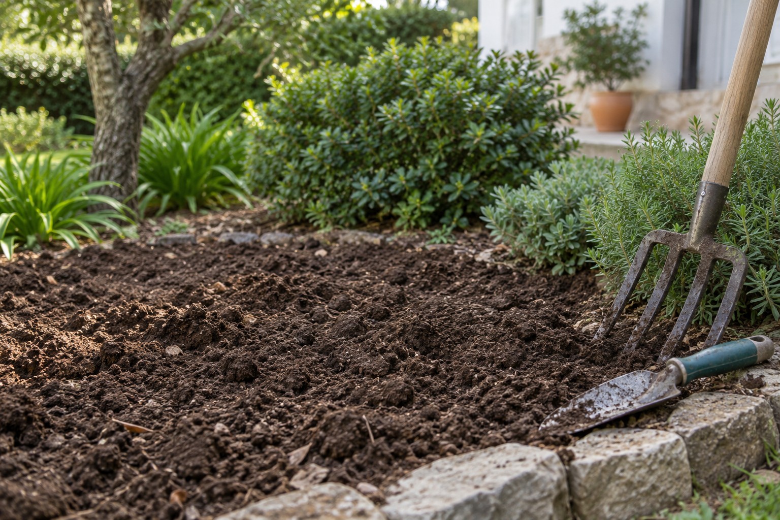 Imagem ilustrativa gerada por IA: solo preparado para plantação e ferramentas de jardinagem.